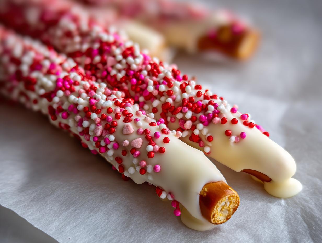 3-Ingredient Easy Valentine’s White Chocolate Dipped Pretzels – Irresistible!