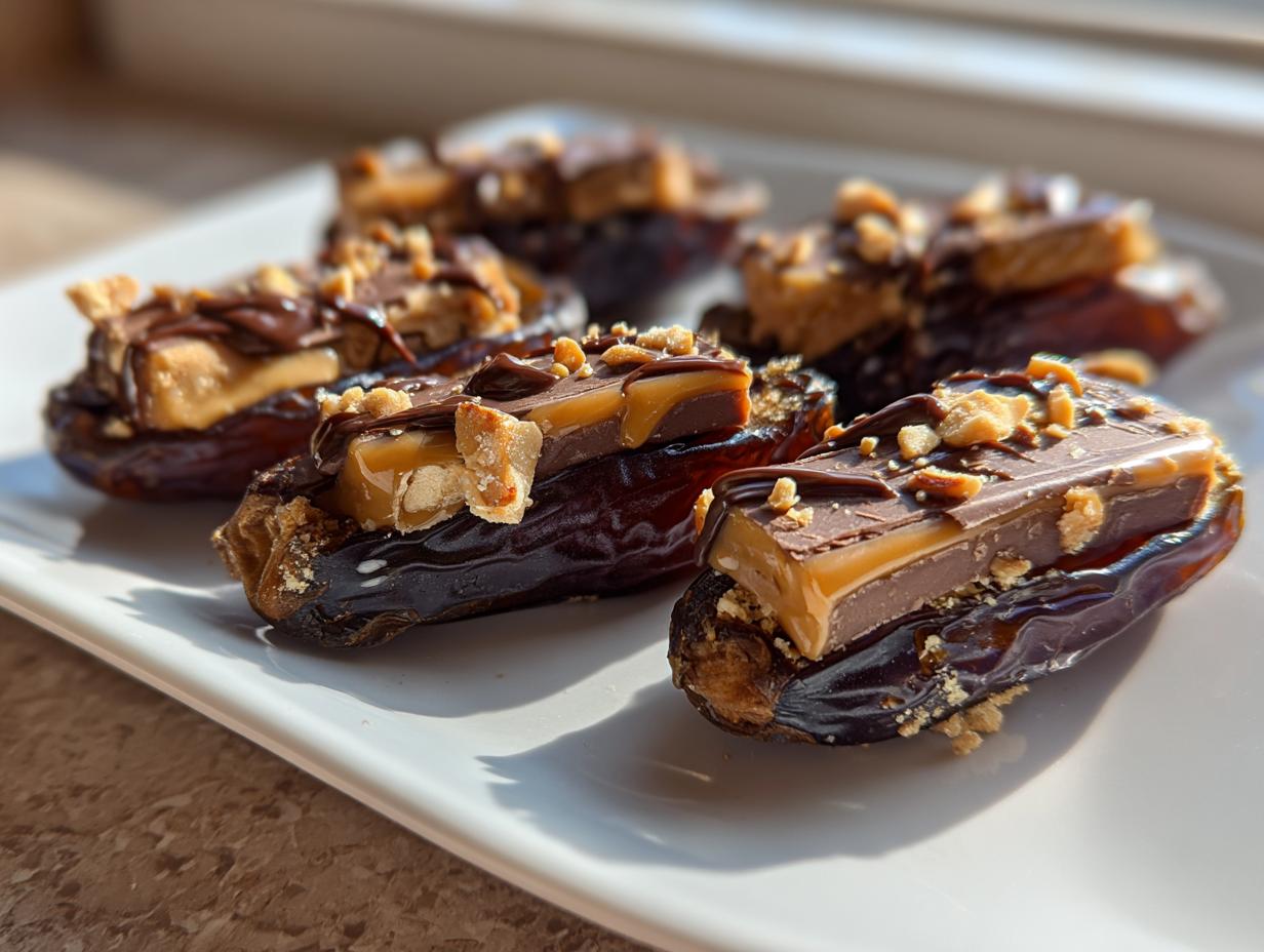 10-Minute Shareable Snickers Chocolate Stuffed Date Bliss